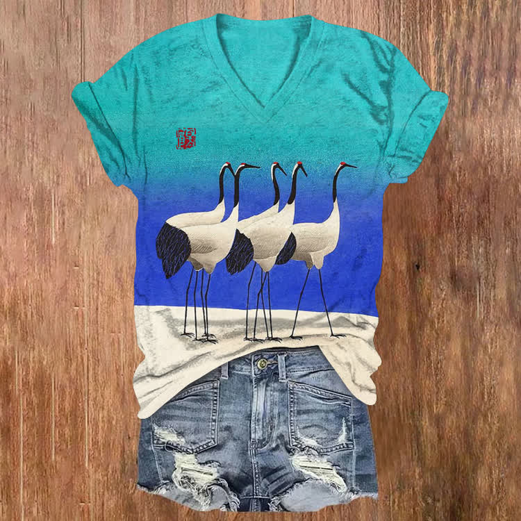 Japanese Gradient Crane Family Pattern Print Short Sleeved V-Neck T-Shirt - Lake Blue - US32-34(5XL) - image 1