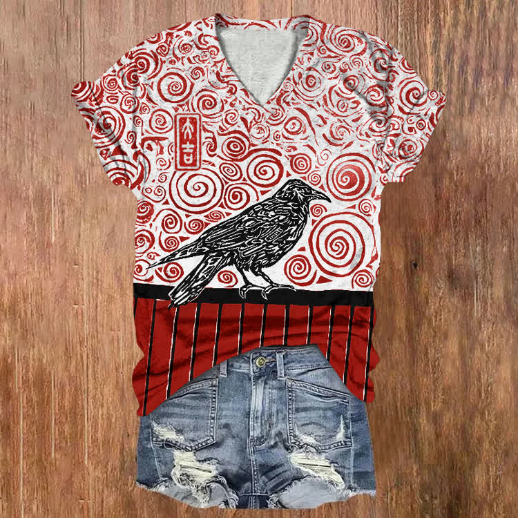 Vintage Carved Wooden Bird Pattern Print Short Sleeved V-Neck T-Shirt - Red - US32-34(5XL) - image 2