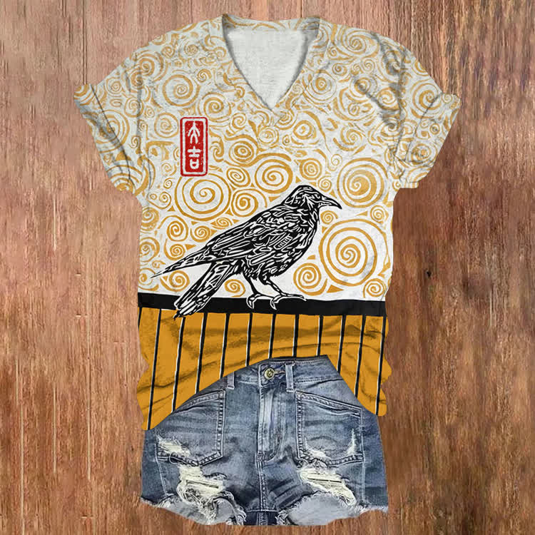 Vintage Carved Wooden Bird Pattern Print Short Sleeved V-Neck T-Shirt - Yellow - US32-34(5XL) - image 1