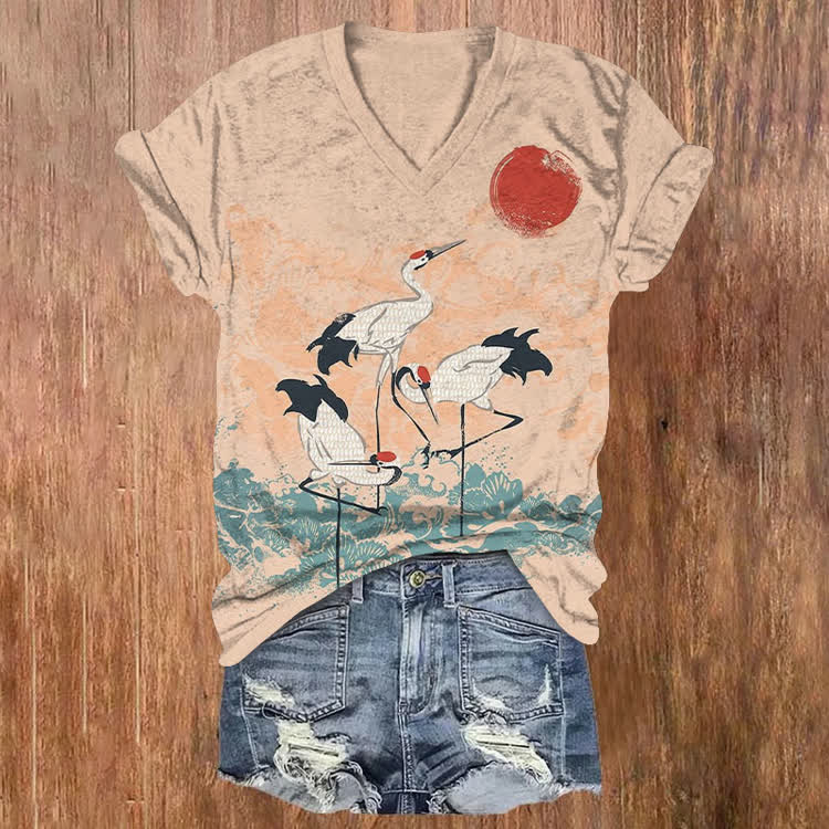 Vintage Watercolor Flock Of Cranes Pattern Print Short Sleeved V-Neck T-Shirt - Pink - US32-34(5XL) - image 1