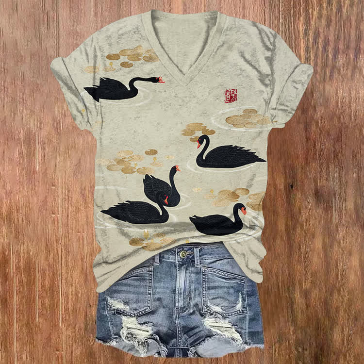Vintage Black Swans Pattern Print Short Sleeved V-Neck T-Shirt - Apricot - US32-34(5XL) - image 1