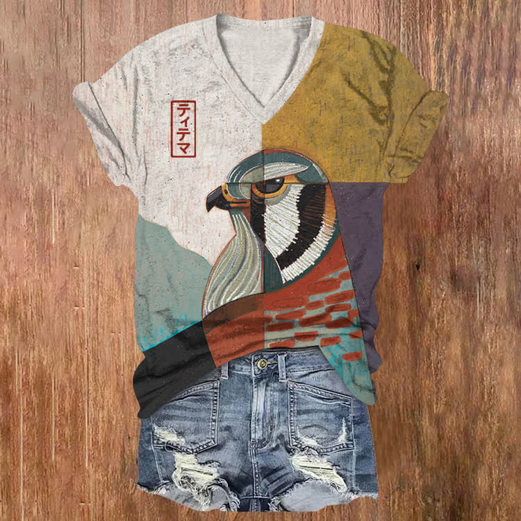 Vintage Geometric Color-Block Eagle Pattern Print Short Sleeved V-Neck T-Shirt - Beige - US32-34(5XL) - image 1
