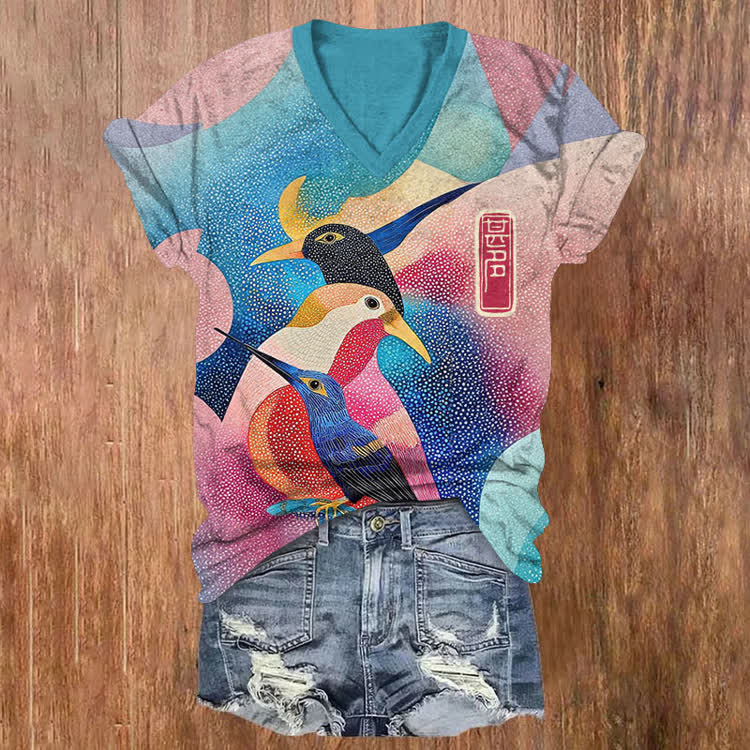 Vintage Colorful Birds Art Pattern Print Short Sleeved V-Neck T-Shirt - Blue - US32-34(5XL) - image 1