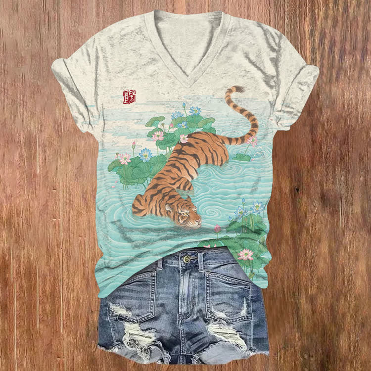 Japanese Vintage Tiger Lotus Pond Pattern Print Short Sleeved V-Neck T-Shirt - Apricot - US32-34(5XL) - image 1