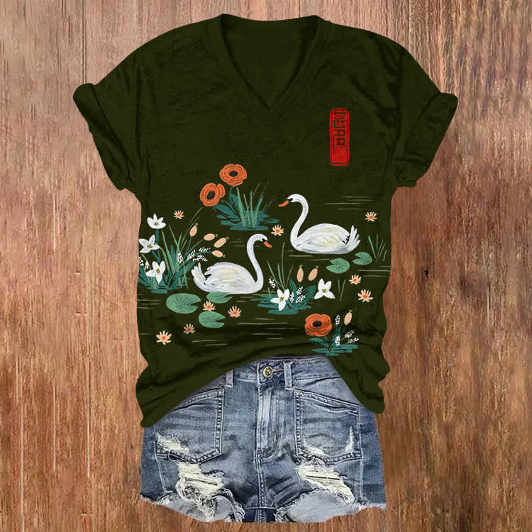 Japanese Swan Lake Pattern Print Short Sleeved V-Neck T-Shirt - Black - US32-34(5XL) - image 1