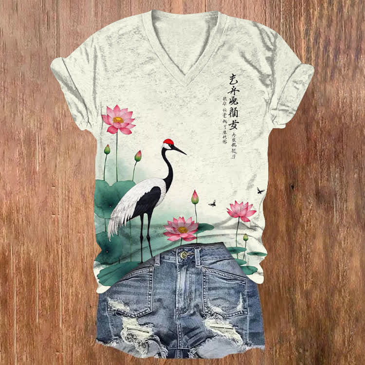 Vintage Oriental Lotus And Crane Pattern Print Short Sleeved V-Neck T-Shirt - Apricot - US32-34(5XL) - image 1