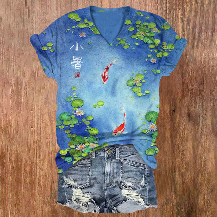 Summer Koi Pattern Print Short Sleeved V-Neck T-Shirt - Blue - US32-34(5XL) - image 1