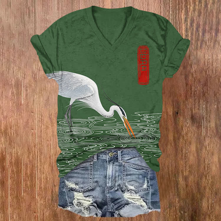 Japanese Vintage Egret Drinking Water Pattern Print Short Sleeved V-Neck T-Shirt - Green - US32-34(5XL) - image 1