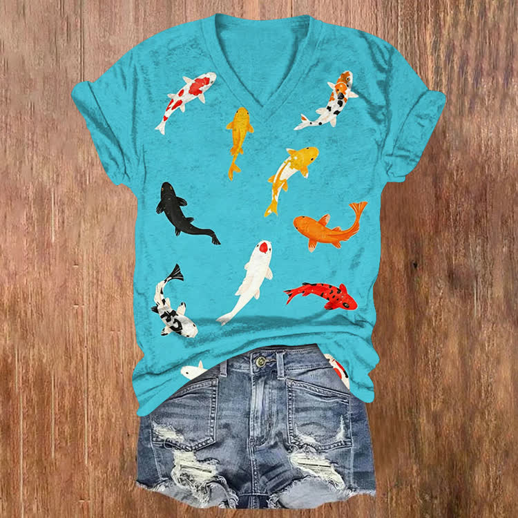 Japanese Vintage Koi Fish Pattern Print Short Sleeved V-Neck T-Shirt - Lake Blue - US32-34(5XL) - image 1