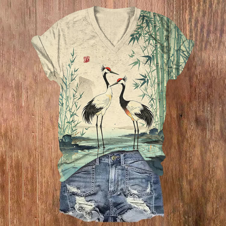 Vintage Cranes In A Bamboo Grove Pattern Print Short Sleeved V-Neck T-Shirt - Apricot - US32-34(5XL) - image 1