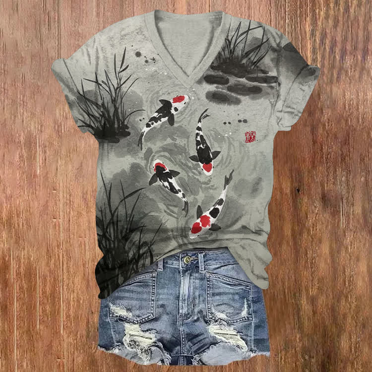 Vintage Ink-Wash Style Koi Pattern Print Short Sleeved V-Neck T-Shirt - Black - US32-34(5XL) - image 1