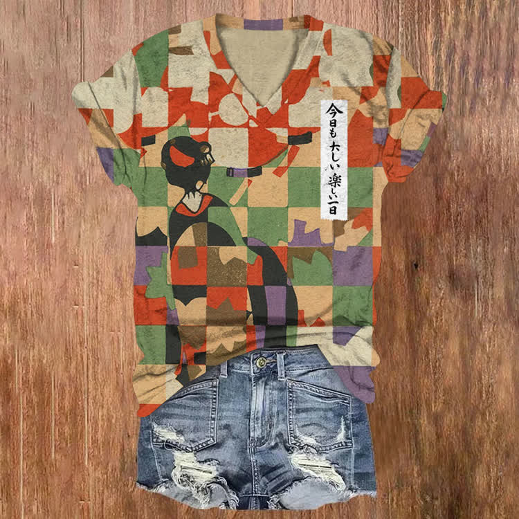Japanese Kimono Girl Abstract Color Blocks Pattern Print Short Sleeved V-Neck T-Shirt - Red - US32-34(5XL) - image 1