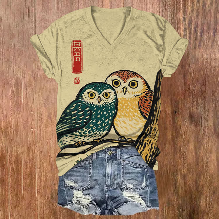 Japanese Vintage Two Owls Pattern Print Short Sleeved V-Neck T-Shirt - Khaki - US32-34(5XL) - image 1