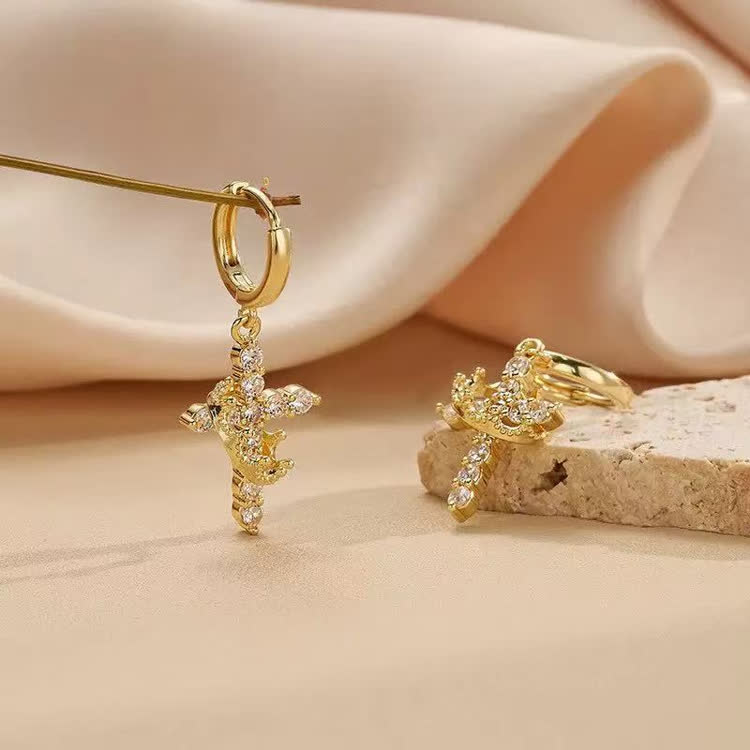 Faith Zircon Crown & Cross Earring - Golden - image 1