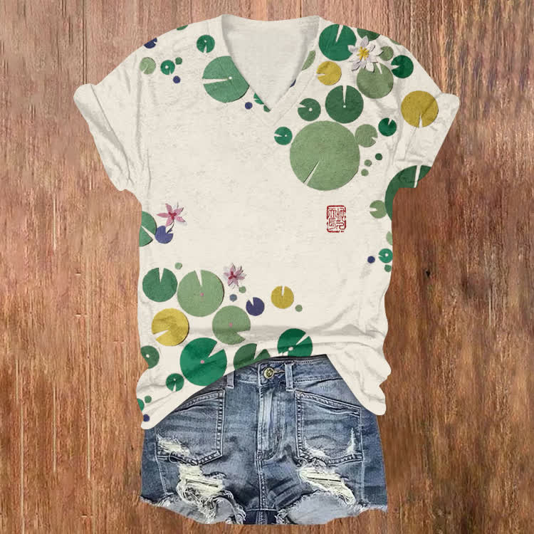 Japanese Lotus Pond Pattern Print Short Sleeved V-Neck T-Shirt - Apricot - US32-34(5XL) - image 1