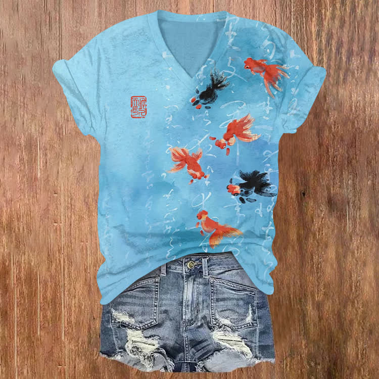 Japanese Goldfish Calligraphy Pattern Print Short Sleeved V-Neck T-Shirt - Sky Blue - US32-34(5XL) - image 1