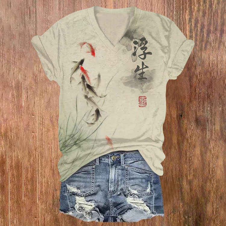 Japanese Ink-Wash Style Koi Pattern Print Short Sleeved V-Neck T-Shirt - Apricot - US32-34(5XL) - image 1