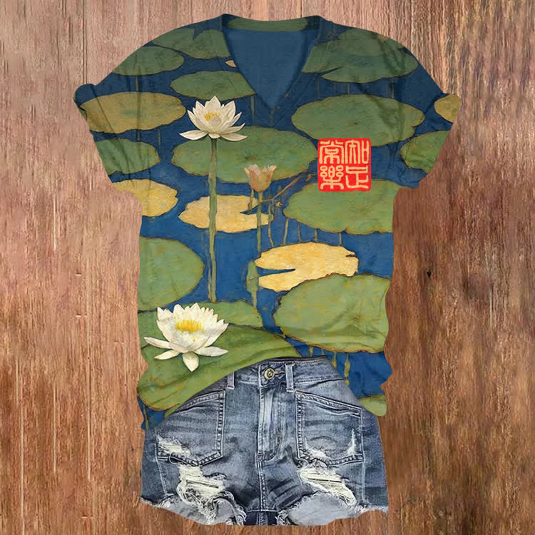 Moonlight Over The Lotus Pond Pattern Print Short Sleeved V-Neck T-Shirt - Blue - US32-34(5XL) - image 1