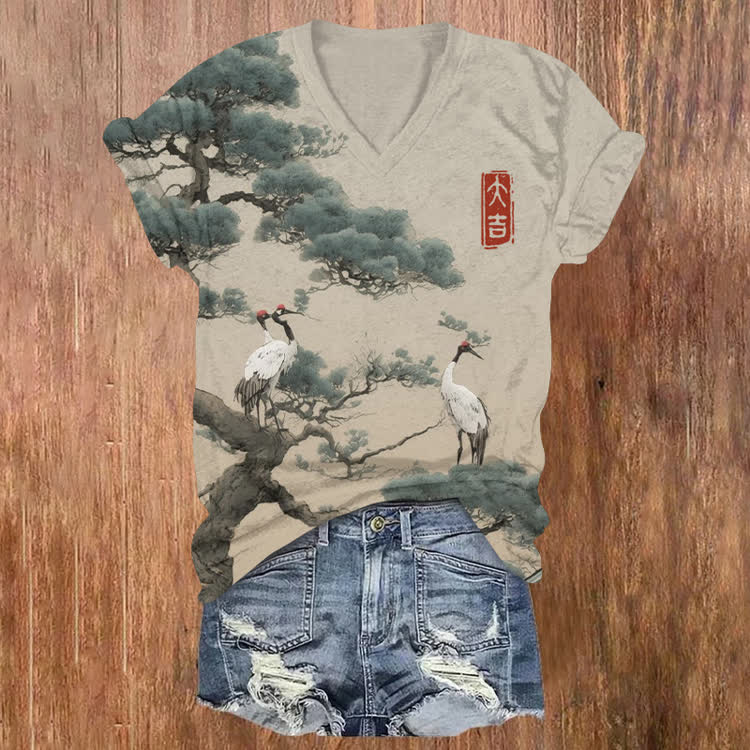 Cranes On A Pine Tree Pattern Print Short Sleeved V-Neck T-Shirt - Apricot - US32-34(5XL) - image 1