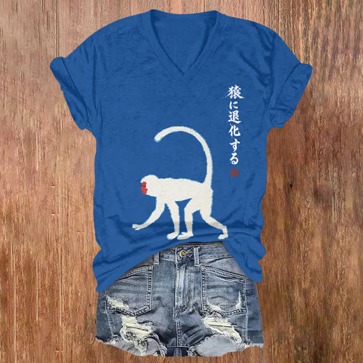 Japanese Funny Regress Into A Monkey Pattern Print Short Sleeved V-Neck T-Shirt - Blue - US32-34(5XL) - image 1