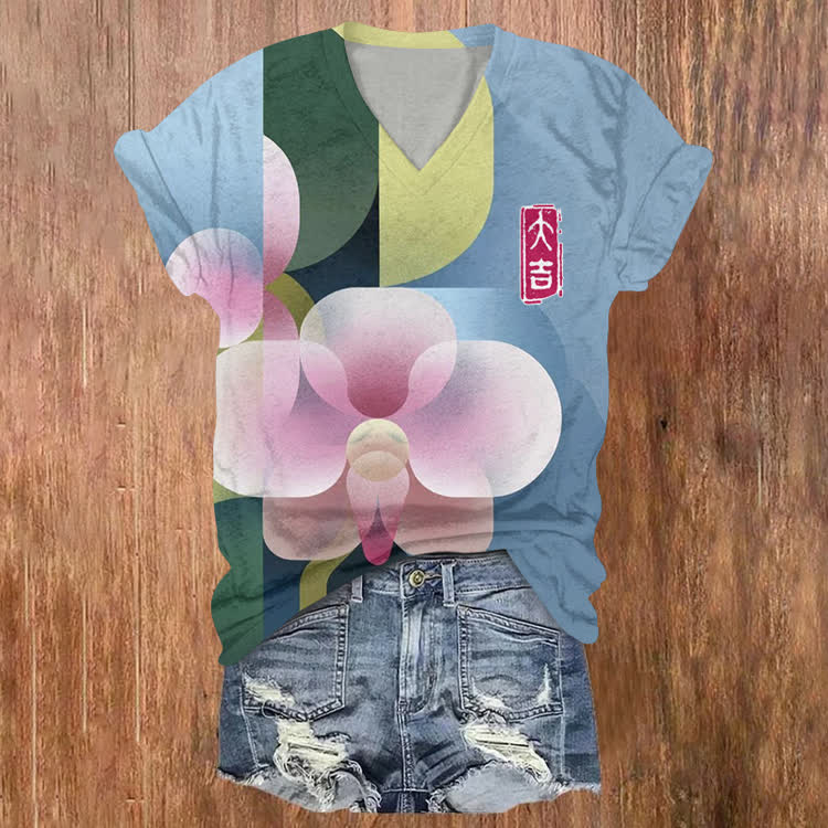 Japanese Abstract Geometric Phalaenopsis Orchid Pattern Print Short Sleeved V-Neck T-Shirt - Sky Blue - US32-34(5XL) - image 1