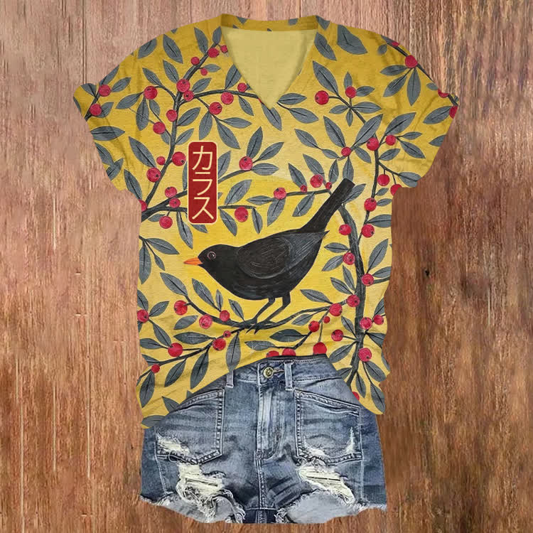The Crow And The Fruit Tree Pattern Print Short Sleeved V-Neck T-Shirt - Yellow - US32-34(5XL) - image 1