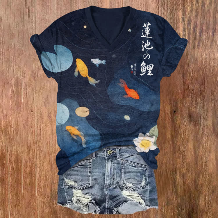 Japanese Carp Pond Night Pattern Print Short Sleeved V-Neck T-Shirt - Dark Blue - US32-34(5XL) - image 1