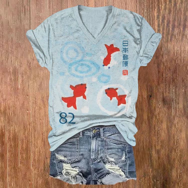 Japanese Cute Goldfish Pattern Print Short Sleeved V-Neck T-Shirt - Light Blue - US32-34(5XL) - image 1