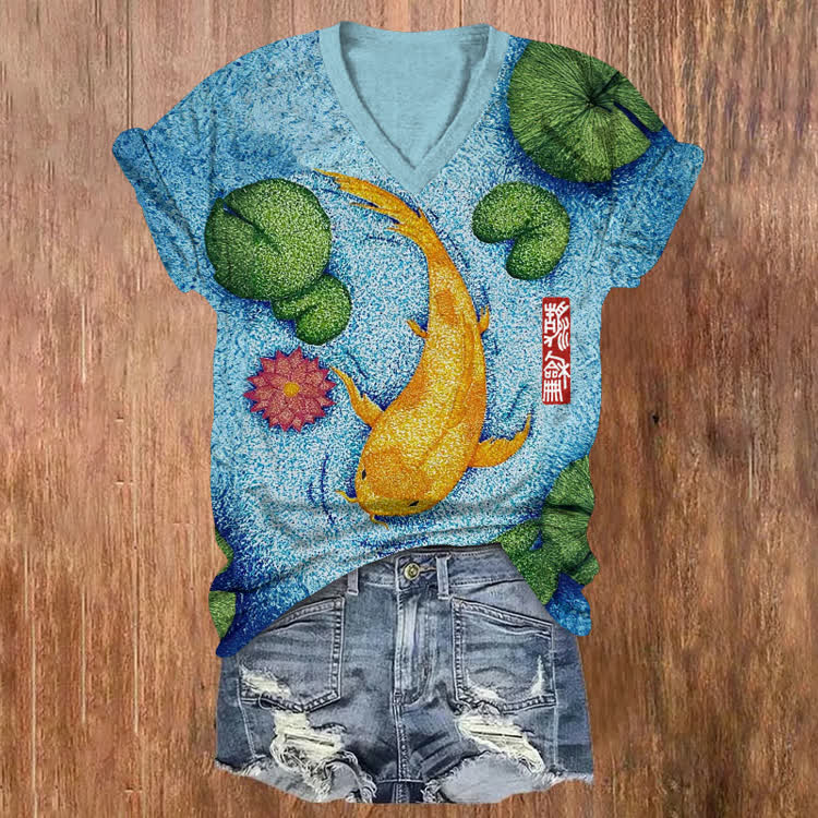 Japanese Polka-Dot Koi Pattern Print Short Sleeved V-Neck T-Shirt - Blue - US32-34(5XL) - image 1
