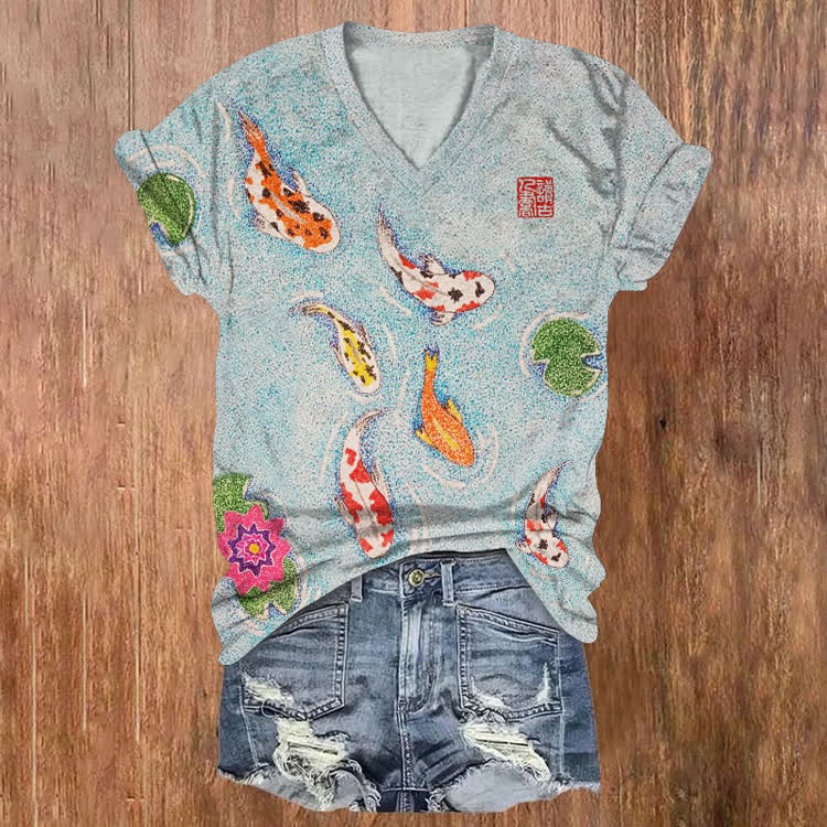 Japanese Polka-Dot Little Koi Pattern Print Short Sleeved V-Neck T-Shirt - Light Blue - US32-34(5XL) - image 1