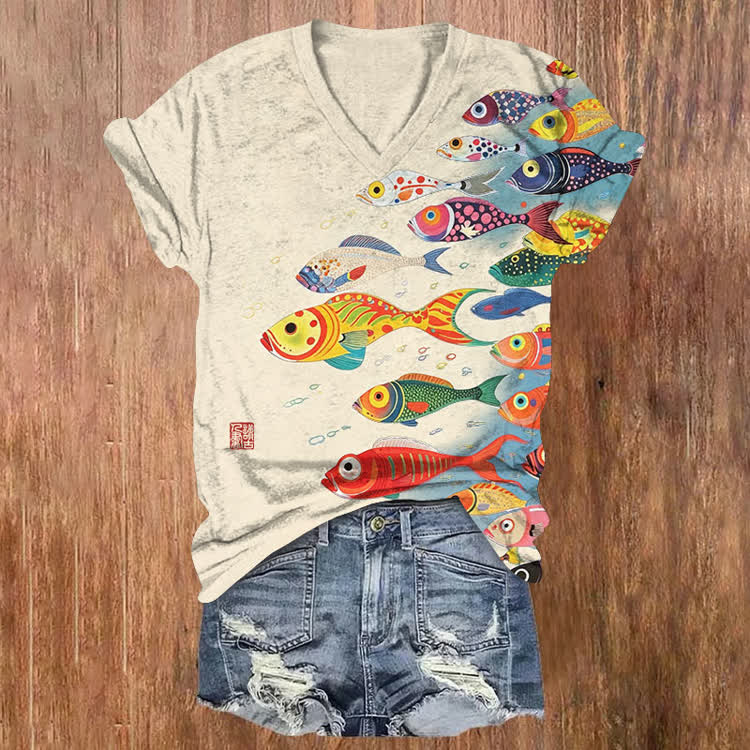 Japanese School Of Rainbow Fish Pattern Print Short Sleeved V-Neck T-Shirt - Apricot - US32-34(5XL) - image 1