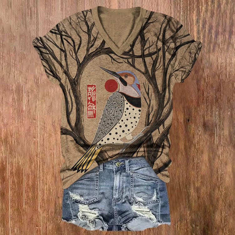 Japanese Geometric Bird Pattern Print Short Sleeved V-Neck T-Shirt - Khaki - US32-34(5XL) - image 1