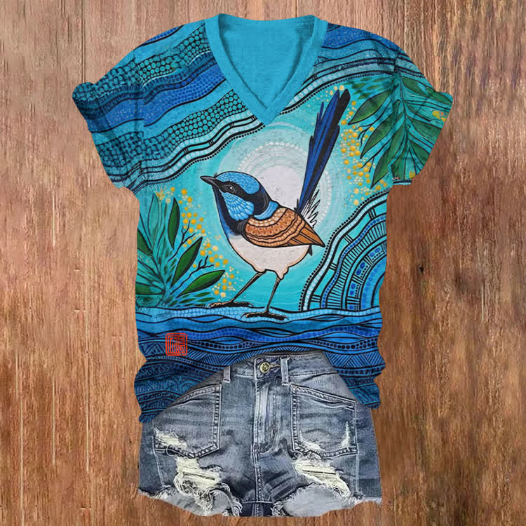 Japanese Active Bird Pattern Print Short Sleeved V-Neck T-Shirt - Blue - US32-34(5XL) - image 1