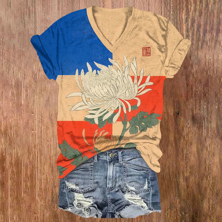 Japanese Chrysanthemums And Colorful Squares Pattern Print Short Sleeved V-Neck T-Shirt - Apricot - US32-34(5XL) - image 1
