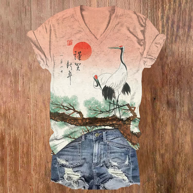 Japanese Cranes&Sunset Gradually Pattern Print Short Sleeved V-Neck T-Shirt - Orange - US32-34(5XL) - image 1