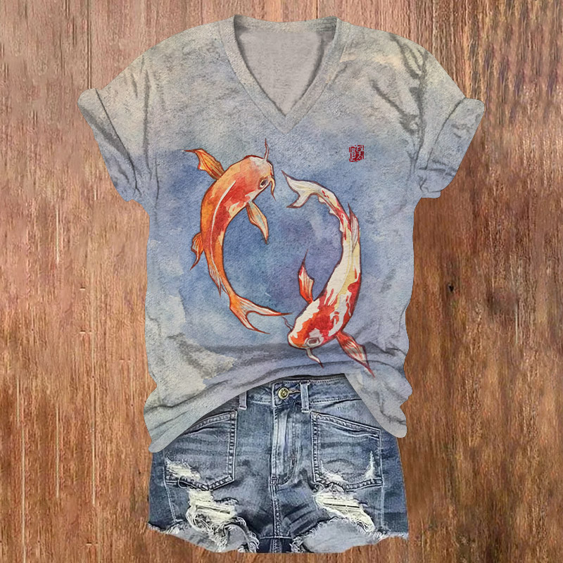 Japanese Ink-Wash Twin Fish Swimming Pattern Print Short Sleeved V-Neck T-Shirt - Blue - US32-34(5XL) - image 1