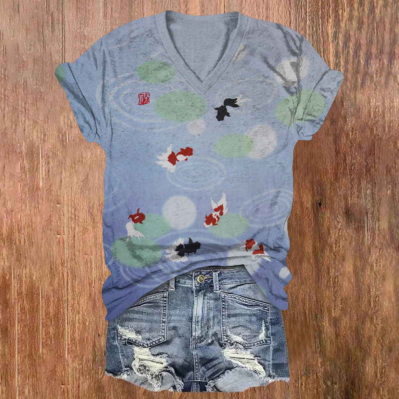 Japanese Goldfish Festival Pattern Print Short Sleeved V-Neck T-Shirt - Blue - US32-34(5XL) - image 1