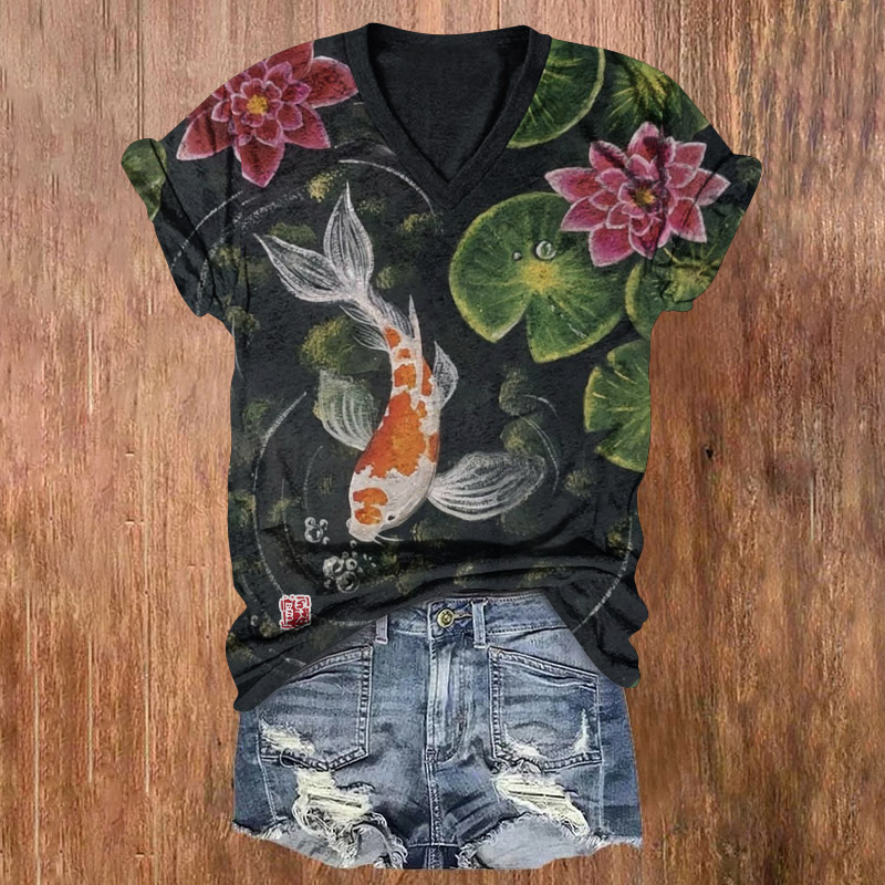 Japanese Lotus Pond Koi Pattern Print Short Sleeved V-Neck T-Shirt - Black - US32-34(5XL) - image 1