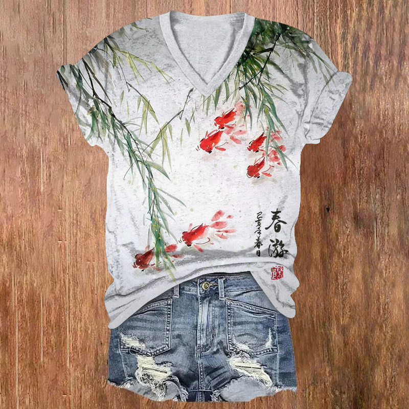 Vintage Willow Tree And Goldfish Pattern Print Short Sleeved V-Neck T-Shirt - White - US32-34(5XL) - image 1