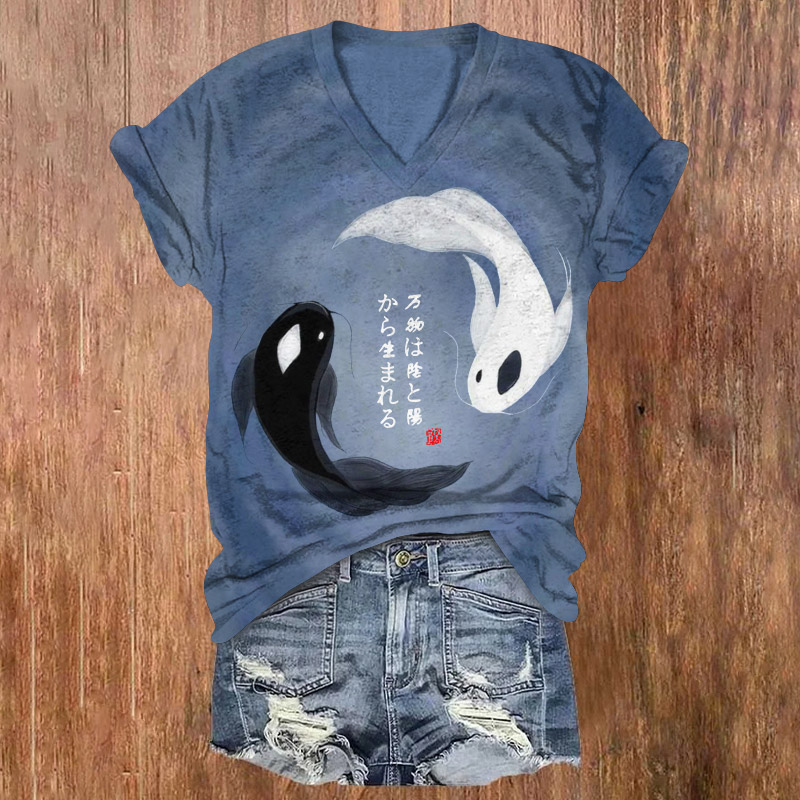 Vintage Taiji Black And White Fishes Pattern Print Short Sleeved V-Neck T-Shirt - Blue - US32-34(5XL) - image 1