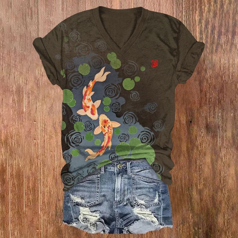 Vintage Ripples With Fishes Pattern Print Short Sleeved V-Neck T-Shirt - Black - US32-34(5XL) - image 1