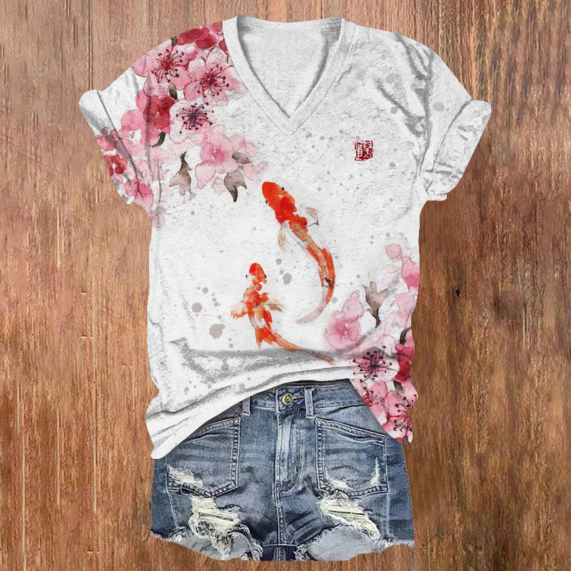 Japanese Watercolor Cherry Blossoms And Fish Pattern Print Short Sleeved V-Neck T-Shirt - Pink - US32-34(5XL) - image 1