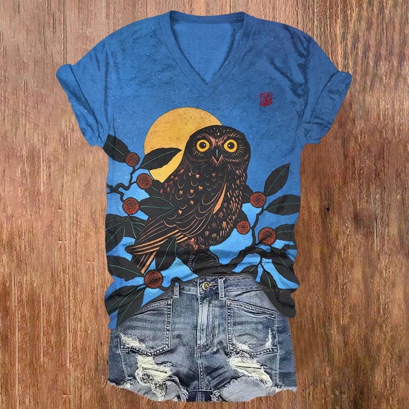 Japanese Traditional Owl Pattern Print Short Sleeved V-Neck T-Shirt - Blue - US32-34(5XL) - image 1