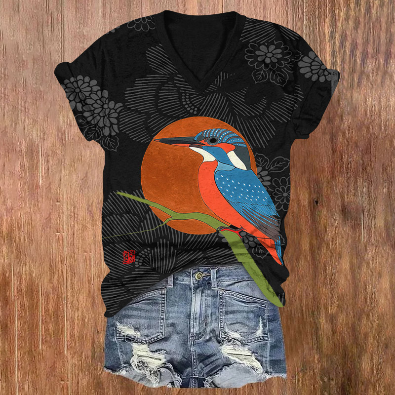 Japanese Traditional Woodpecker Pattern Print Short Sleeved V-Neck T-Shirt - Black - US32-34(5XL) - image 1