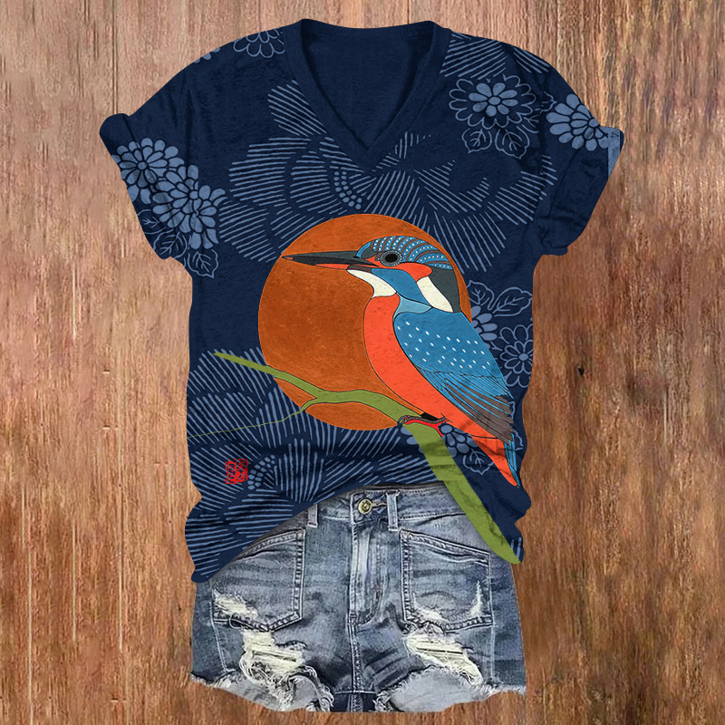Japanese Traditional Woodpecker Pattern Print Short Sleeved V-Neck T-Shirt - Dark Blue - US32-34(5XL) - image 2