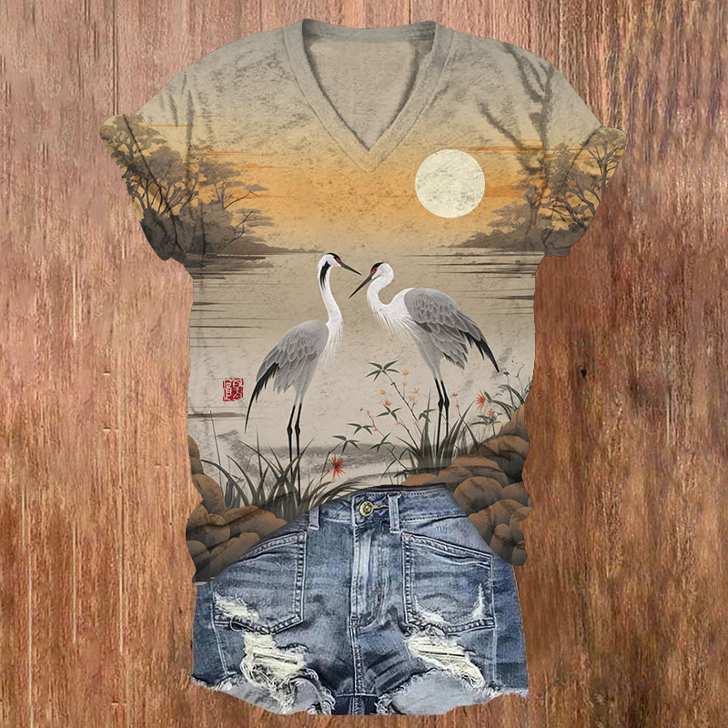 Vintage Two Cranes & Setting Sun Pattern Print Short Sleeved V-Neck T-Shirt - Warm Grey - US32-34(5XL) - image 1
