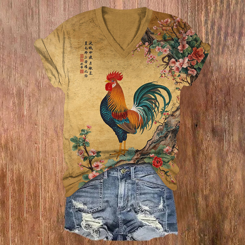 Vintage Multicolor Rooster Pattern Print Short Sleeved V-Neck T-Shirt - Khaki - US32-34(5XL) - image 1