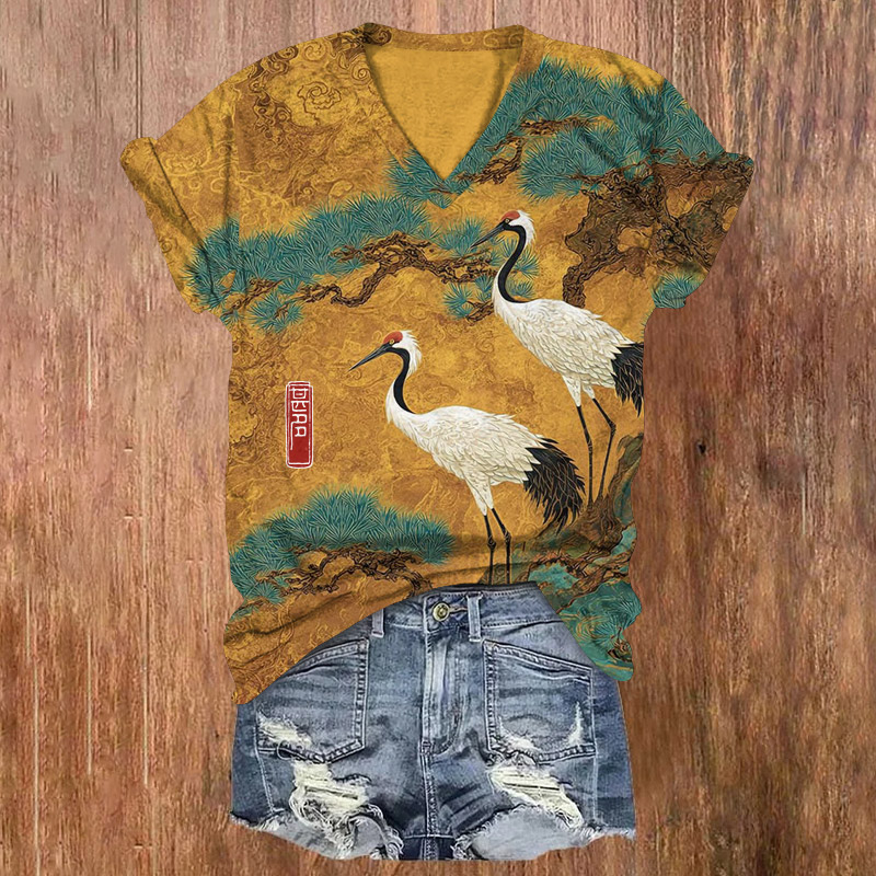 Vintage Classic Red-Crowned Crane Pattern Print Short Sleeved V-Neck T-Shirt - Yellow - US32-34(5XL) - image 1