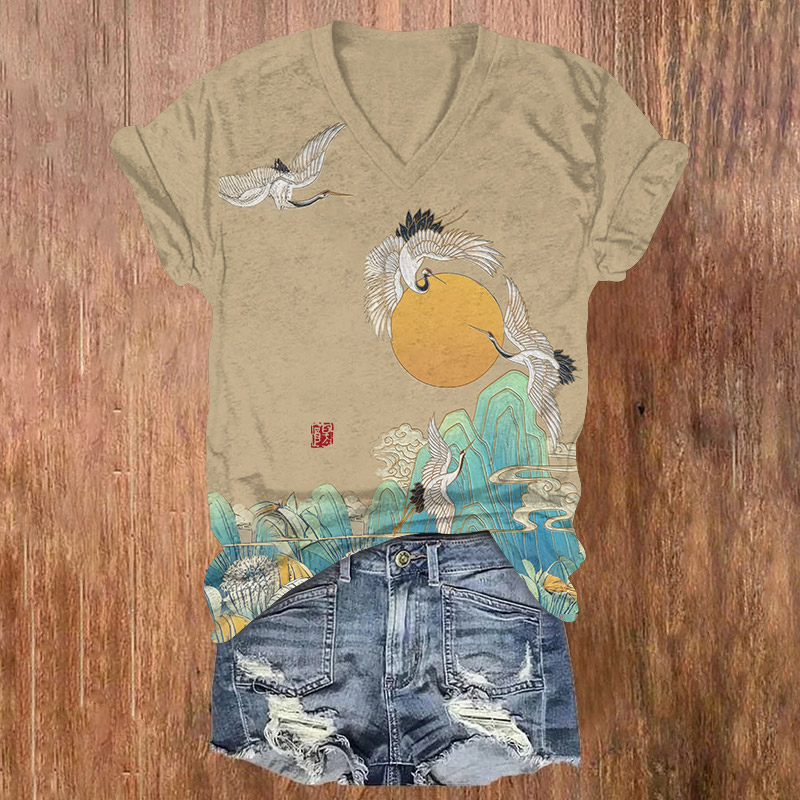 Vintage Aoyama And Cranes Pattern Print Short Sleeved V-Neck T-Shirt - Apricot - US32-34(5XL) - image 1