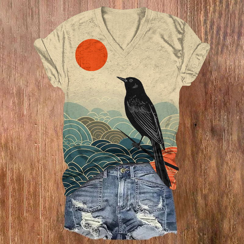 Japanese Crow Gazing At The Sun Pattern Print Short Sleeved V-Neck T-Shirt - Apricot - US32-34(5XL) - image 1